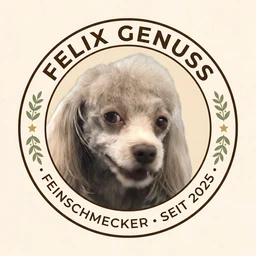 Felix Genuss Logo – Felix, ein Bolonka Zwetna, im runden Markenzeichen